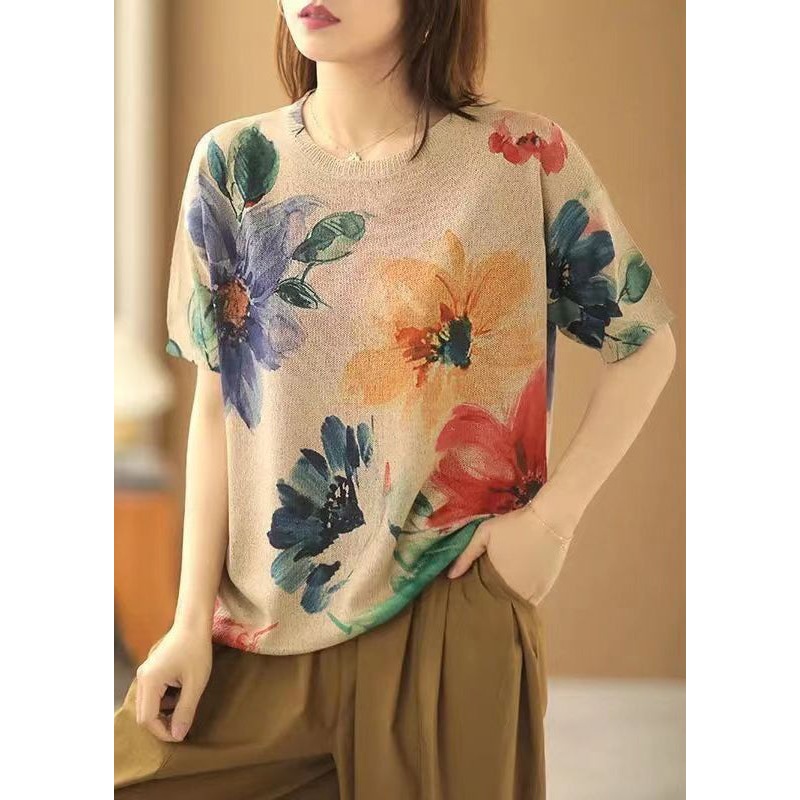 Loose Big Flower O-Neck Cozy Cotton Knit Top Short Sleeve