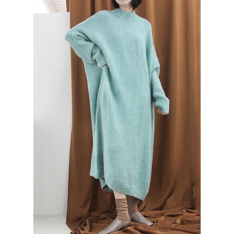 Loose Blue Green Turtleneck Cozy Cotton Knit Long Dress Fall