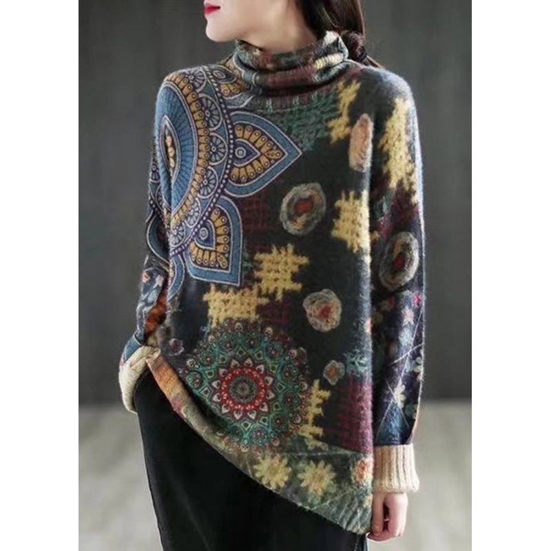 Loose Dark Grey Turtleneck Print Patchwork Mink Hair Knitted Sweaters Fall
