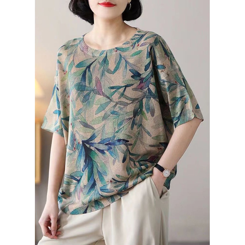 Loose Green Print Patchwork Cozy Cotton Knit T Shirt Summer