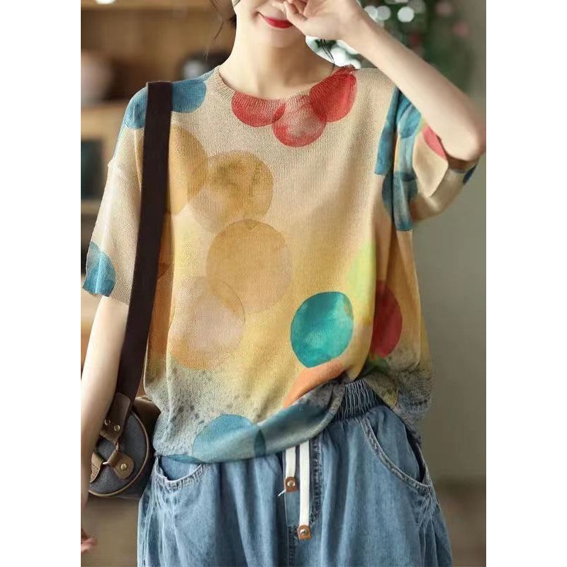 Loose Khaki O Neck Print Thin Cotton Knit T Shirt Summer