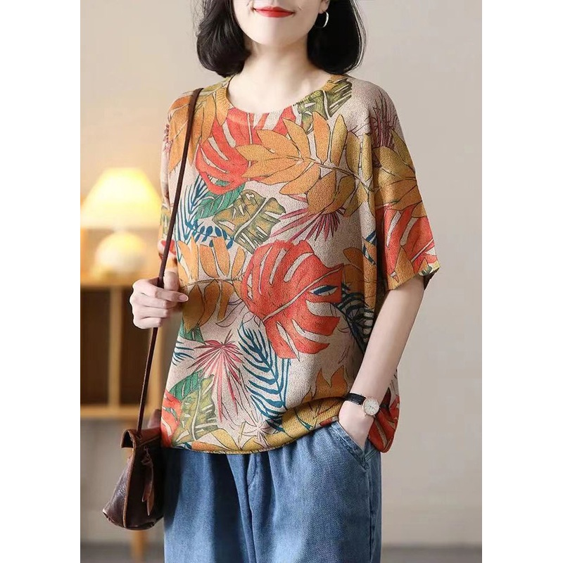 Loose Orange O Neck Print Cotton Knit T Shirt Summer