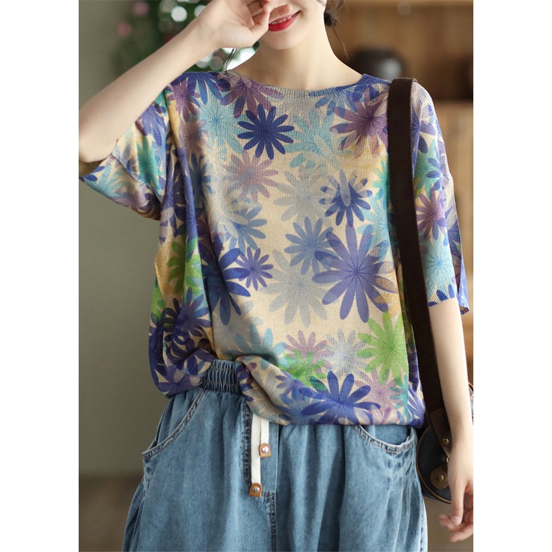 Loose Purple O Neck Print Cozy Cotton Knit Top Summer