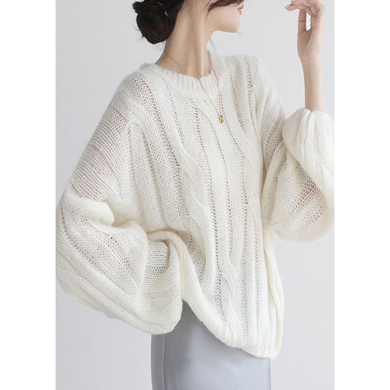 Loose White Hollow Out Patchwork Cozy Woolen Shirt Puff Sleeve