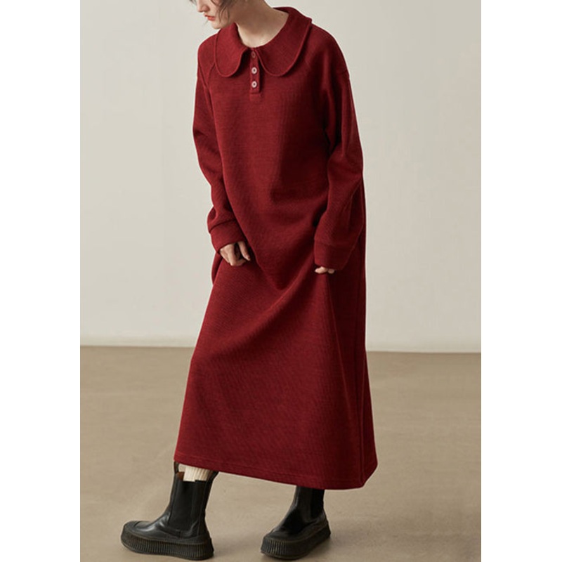 Loose Wine Red Pockets Cozy Patchwork Cotton Knit Long Dresses Fall