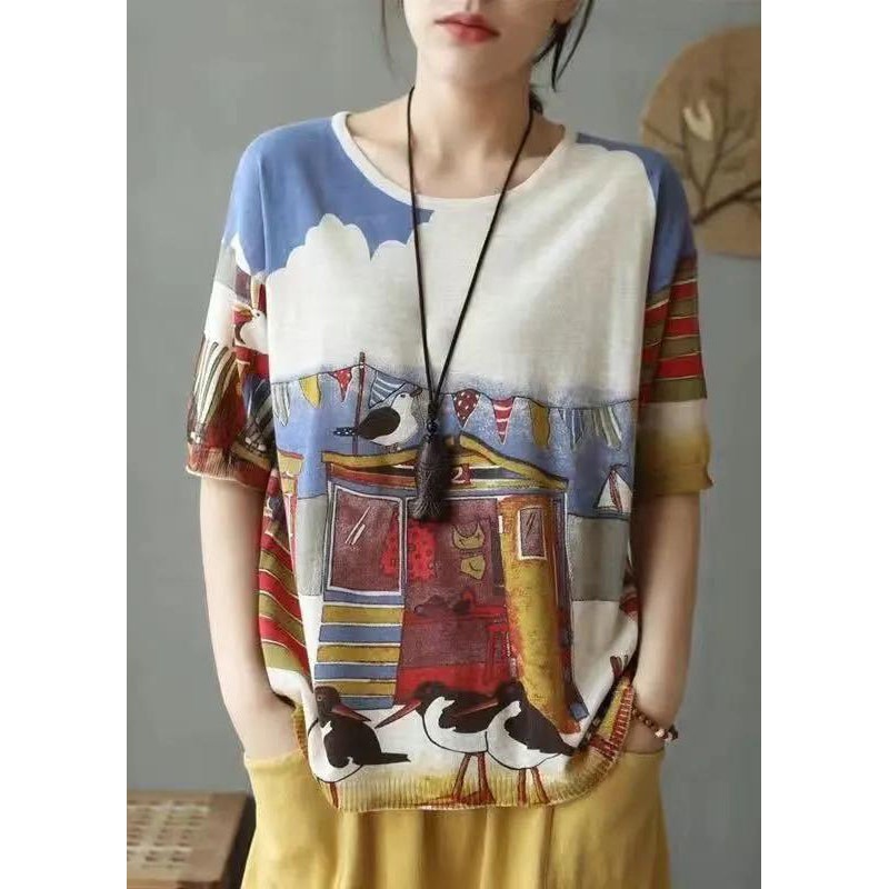 New Beige Print Patchwork Cozy Cotton Knit T Shirt Summer