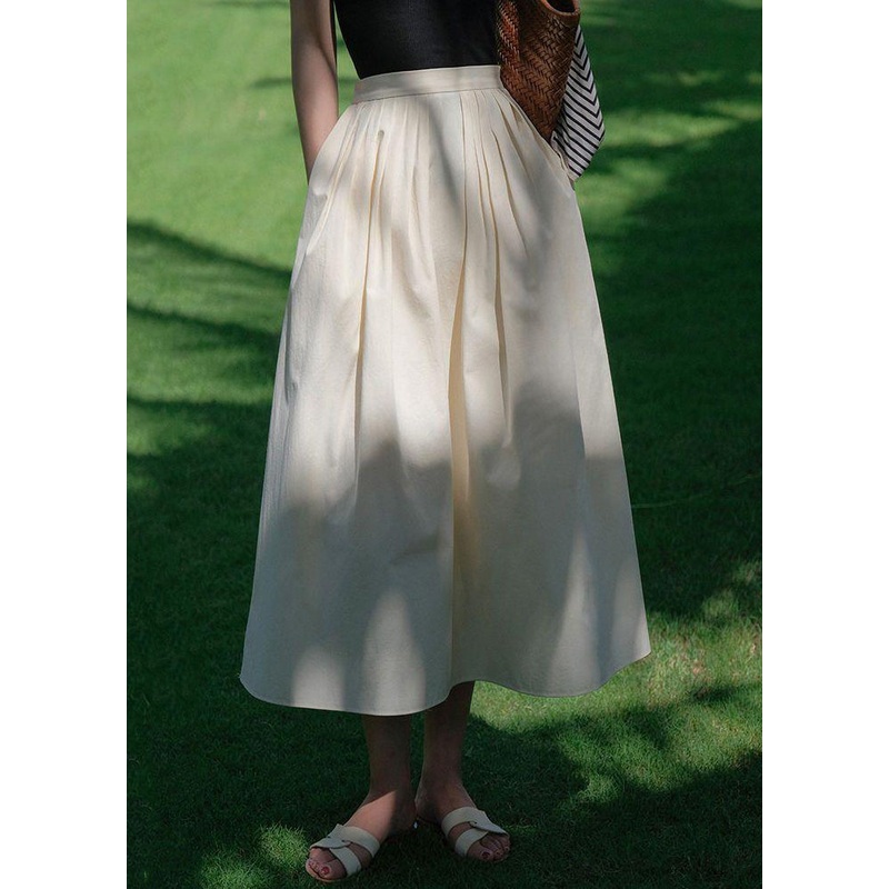 New Beige Wrinkled Pockets Patchwork Cotton Skirt Summer