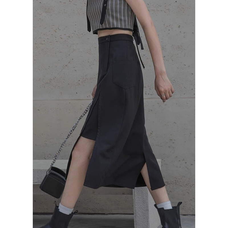New Black Side Open High Waist Patchwork Cotton Skirts Summer