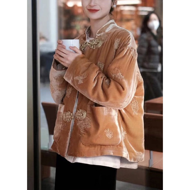 New Brown Chinese Button Pockets Patchwork Parka Winter