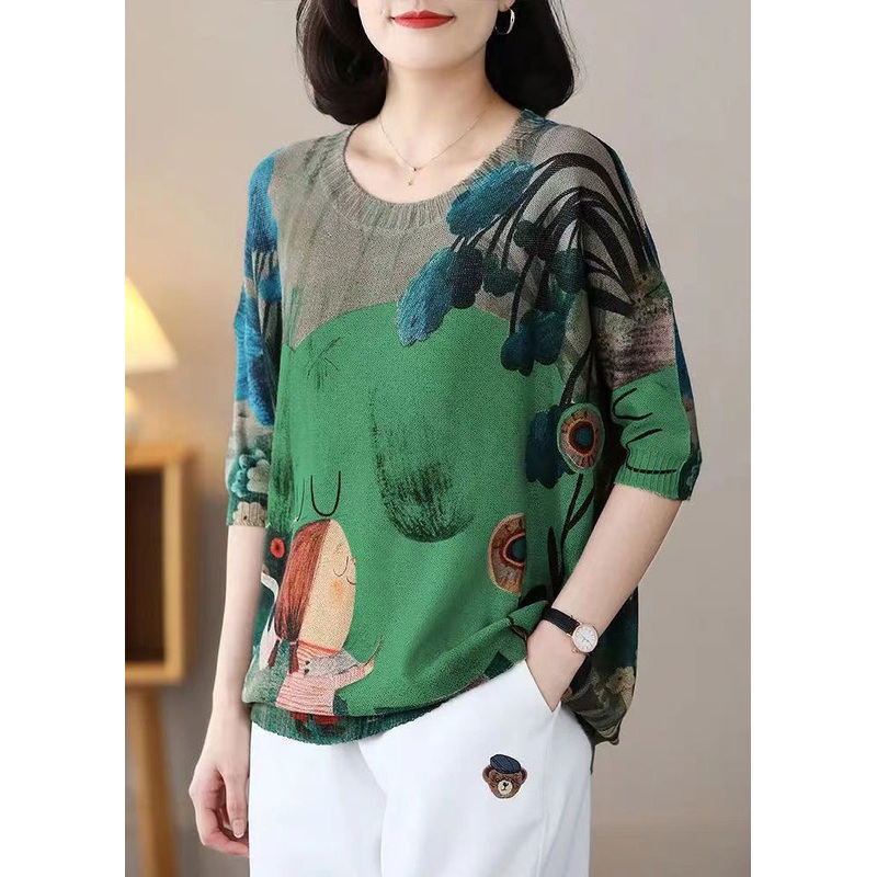 New Green O Neck Print Cotton Knit Top Half Sleeve