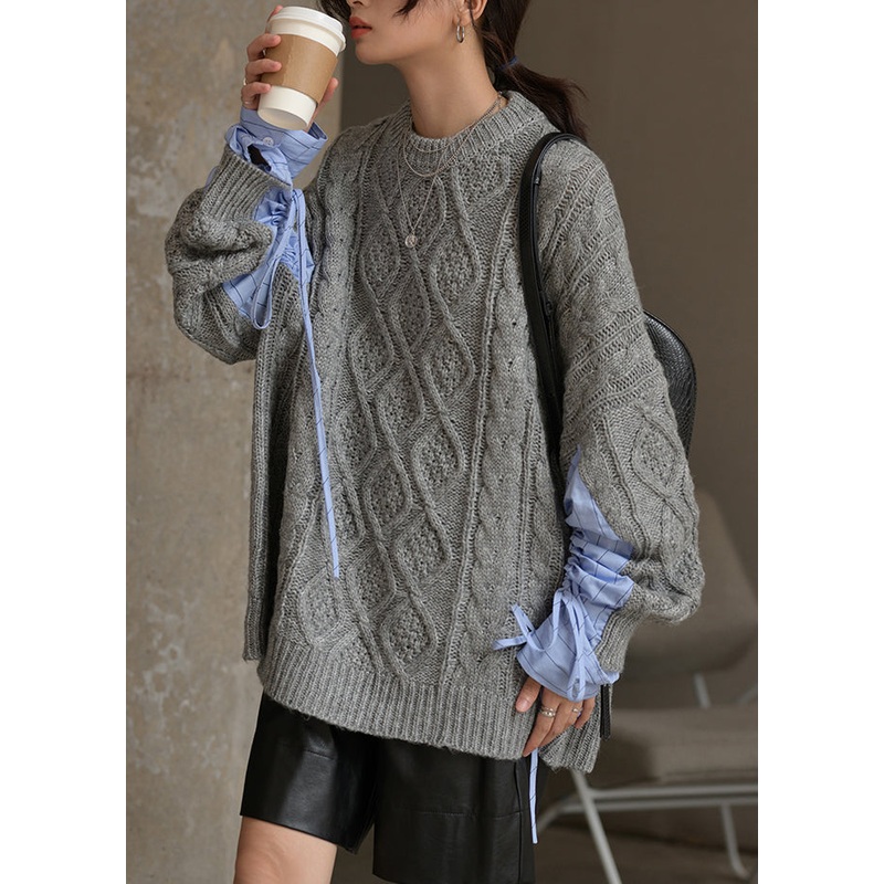 Plus Size Black O Neck Drawstring Patchwork Cotton Knit Sweaters Fall