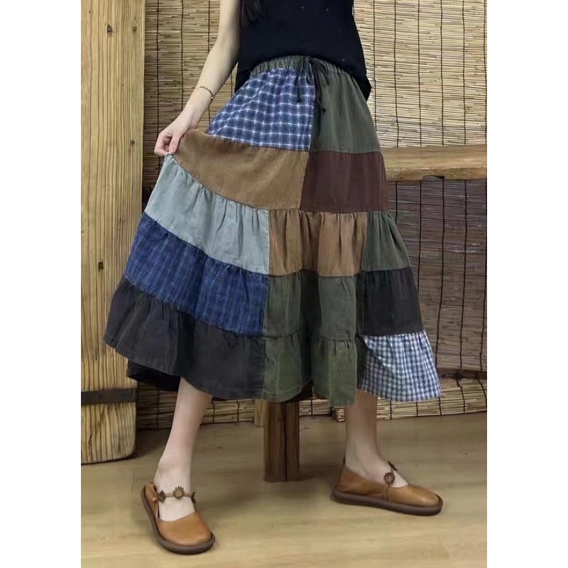 Retro Plaid Elastic Waist Patchwork Cotton Skirts Fall