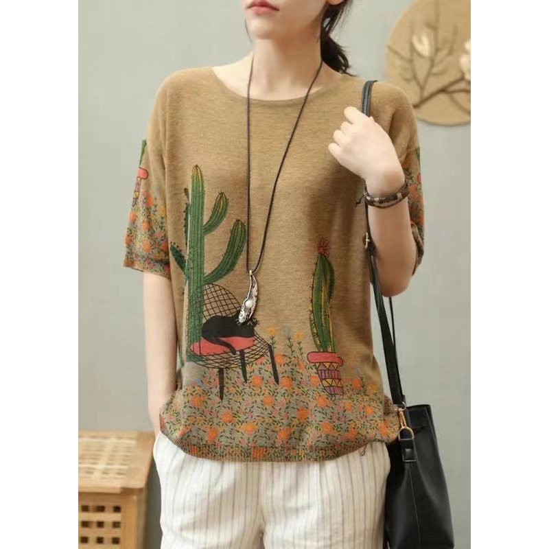 Simple Camel Print Patchwork Cozy Cotton Knit Top Summer