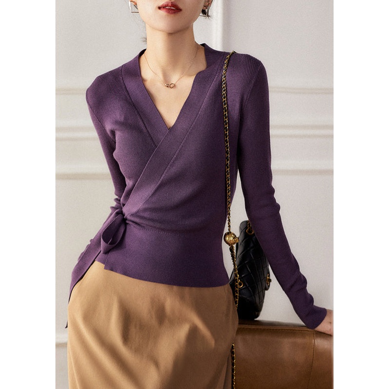 Slim Fit Purple V Neck Lace Up Patchwork Cotton Knit Tops Fall