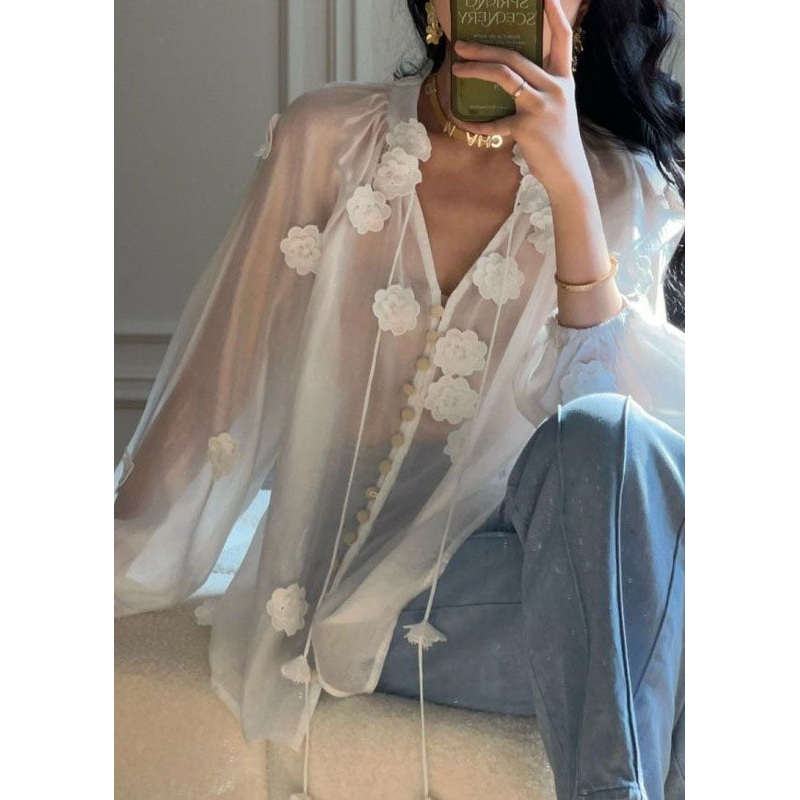 Style White V Neck Floral Decorated Patchwork Silk Top Long Sleeve