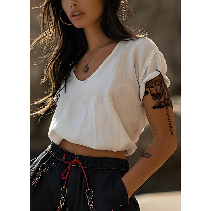 Stylish White V-Neck Cotton Short T Shirts Tops Summer