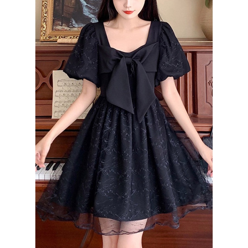 Unique Black Square Collar Patchwork Bow Tulle Mid Dresses Summer