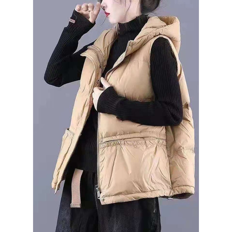 Unique Khaki Casual hooded Pockets Winter Sleeveless Puffer Vest