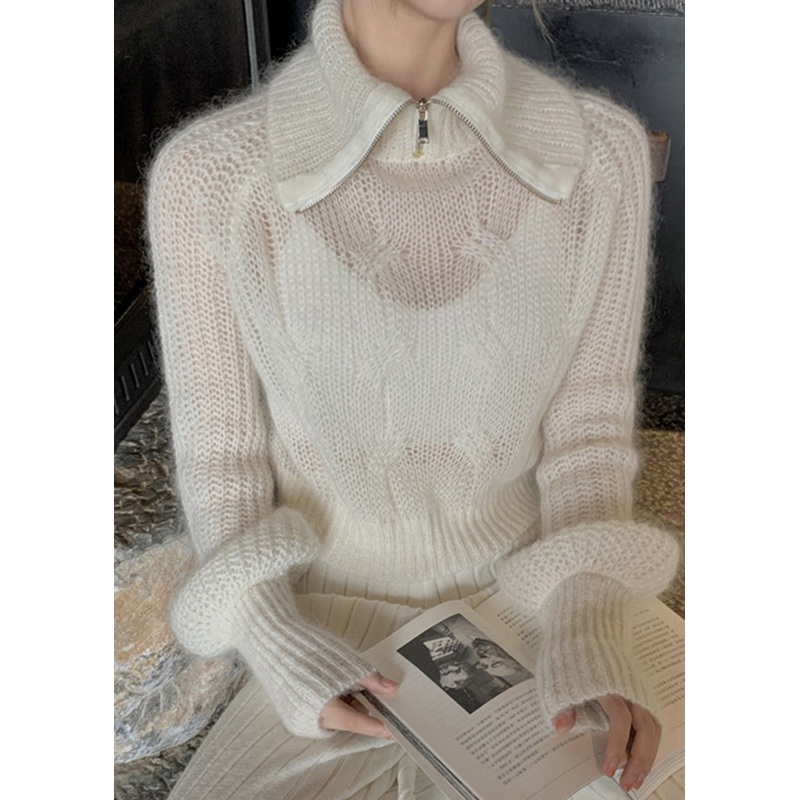 Unique White Zippered Hole Patchwork Cotton Knit Top Fall