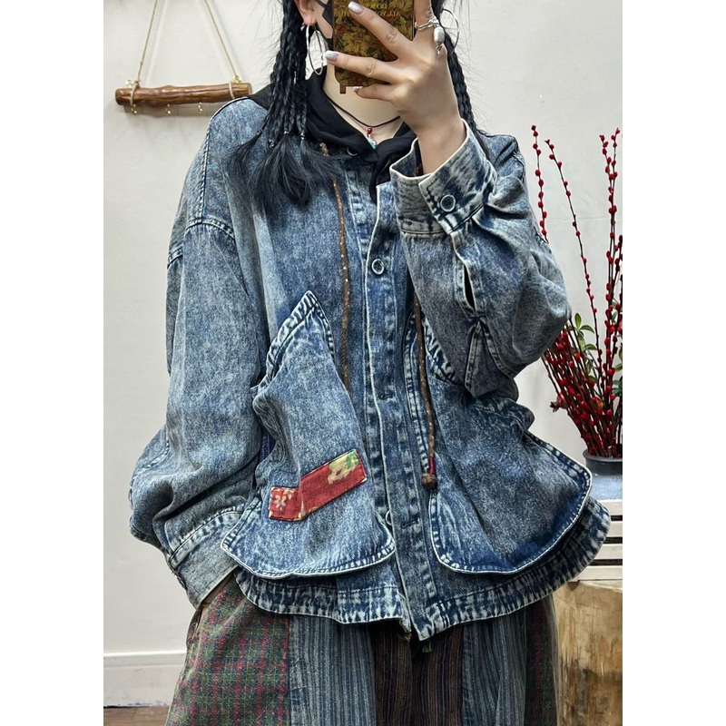 Vintage Blue Button Pockets Patchwork Denim Coat Fall