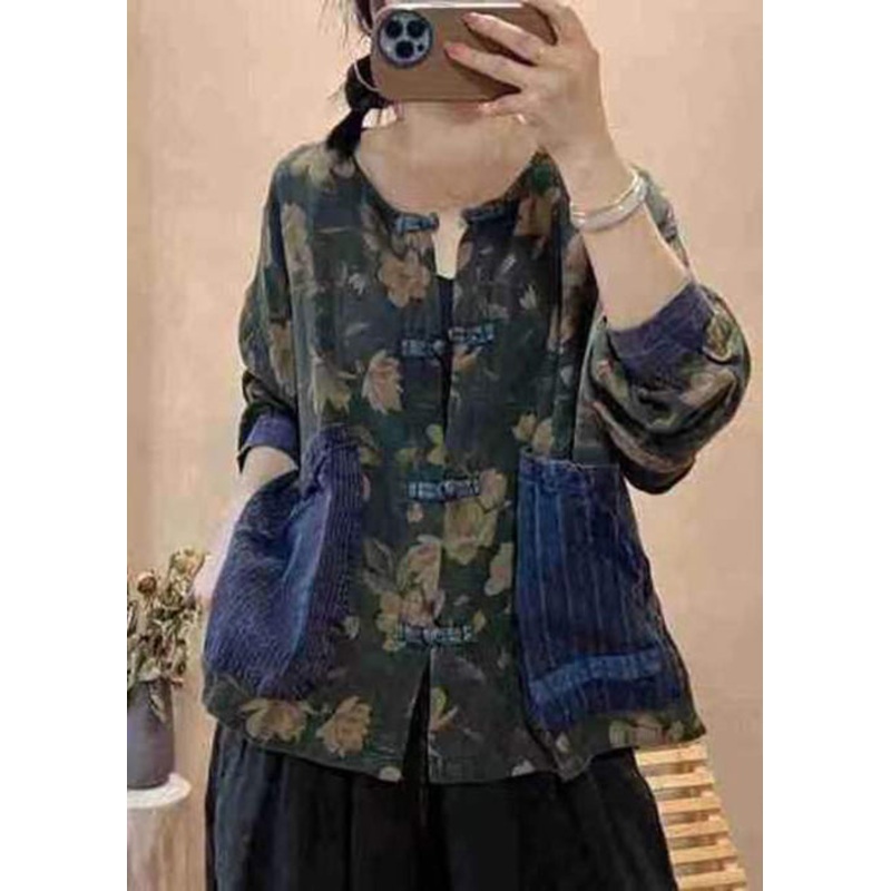 Vintage Navy Button Print Pockets Cotton Tops Fall