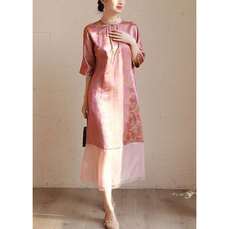 Vintage Pink Stand Collar Tasseled Print Patchwork Silk Long Dress Summer