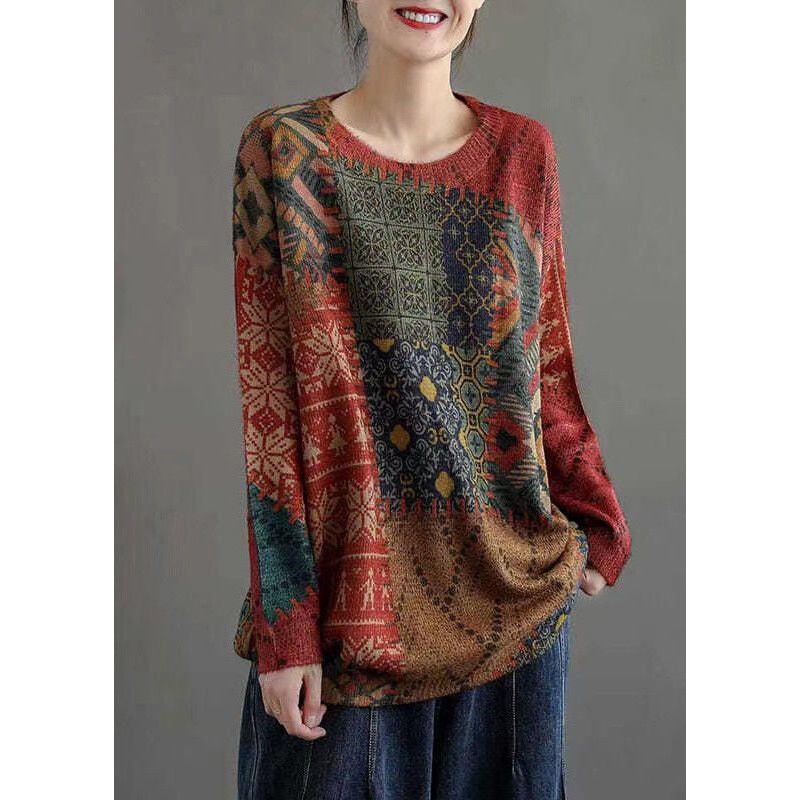 Vintage Red O Neck Print Cozy Mink Hair Knitted Sweaters Long Sleeve