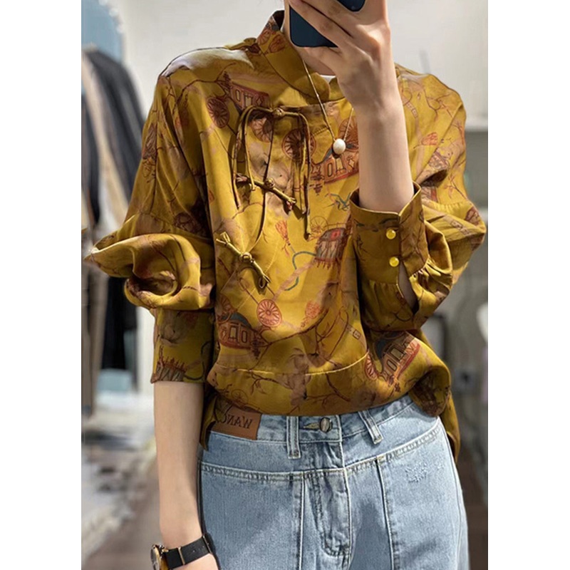 Vintage Yellow Button Print Patchwork Silk Shirt Fall