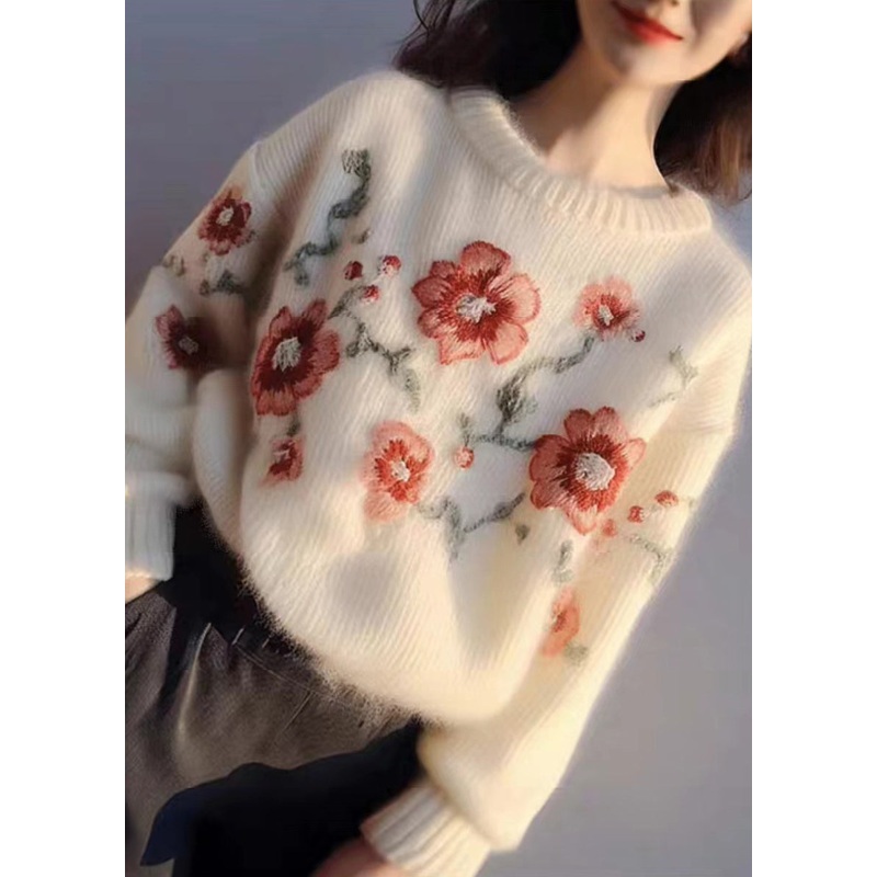 Women Apricot Embroidered Patchwork Cozy Cotton Knit Sweater Winter