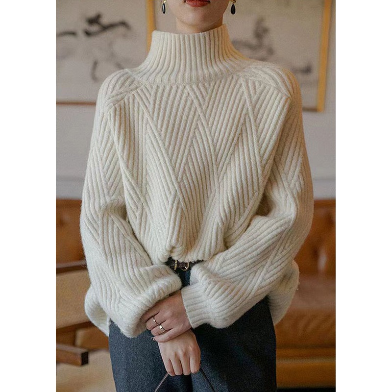 Women Beige Turtleneck Cozy Patchwork Cotton Knit Sweaters Fall