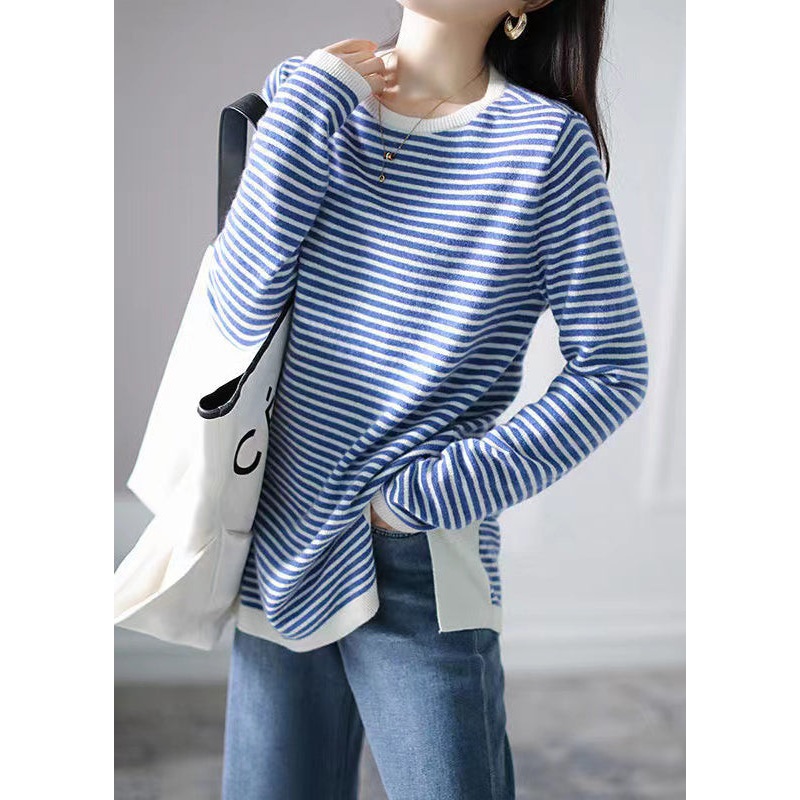 Women Blue Striped Side Open Patchwork Knitting Cotton Tops Fall