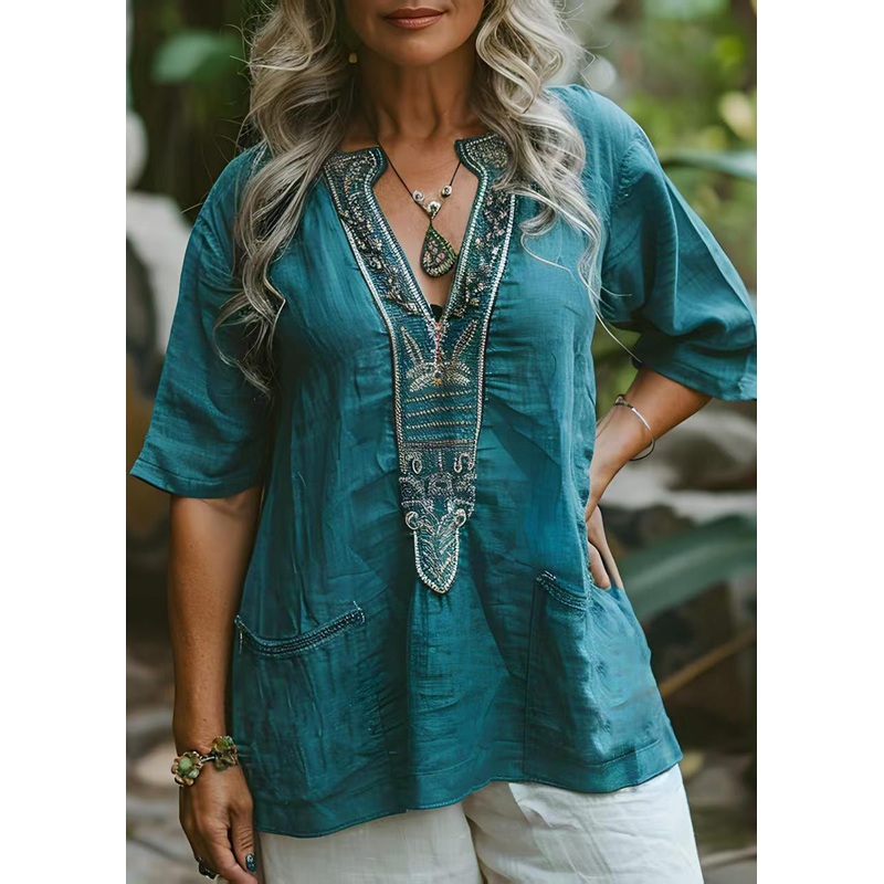 Women Blue V Neck Print Pockets Plus Size Cotton Top Summer