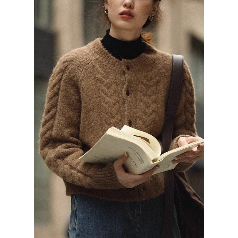 Women Brown Button Patchwork Warm Knit Coats Fall