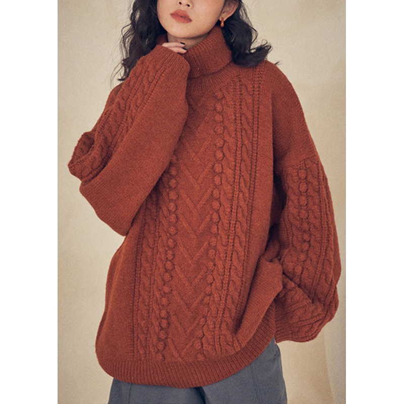 Women Caramel Turtleneck Patchwork Cable Knit Sweaters Top Fall