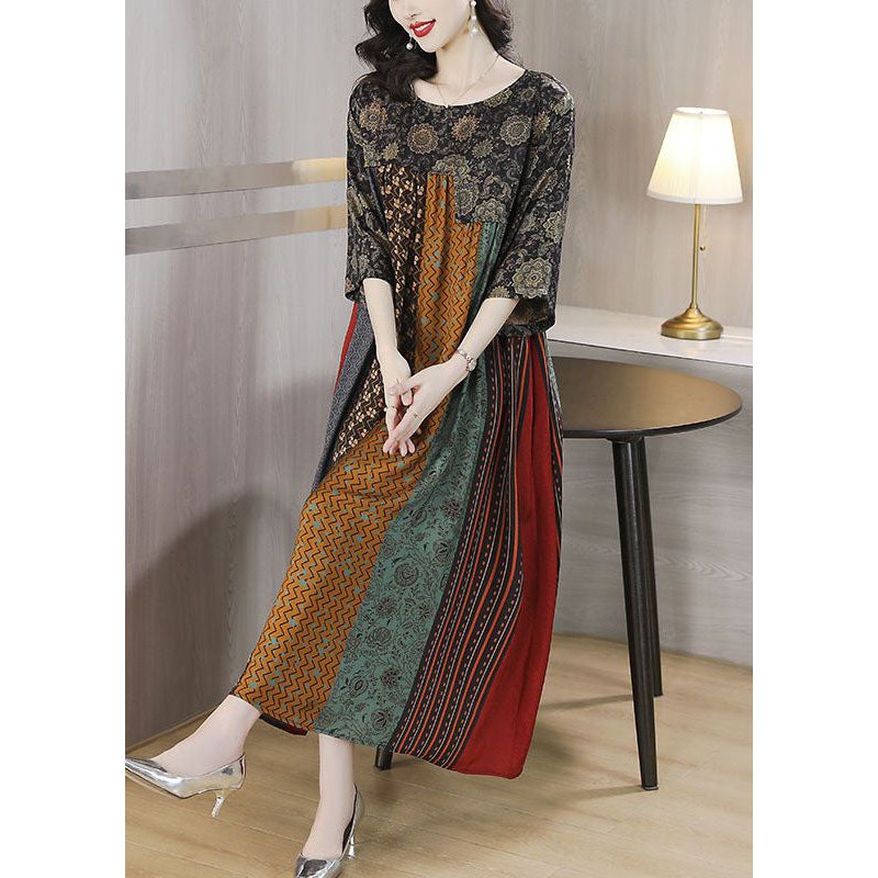 Women Colorblock O Neck Print Striped Patchwork Silk Dresses Summer