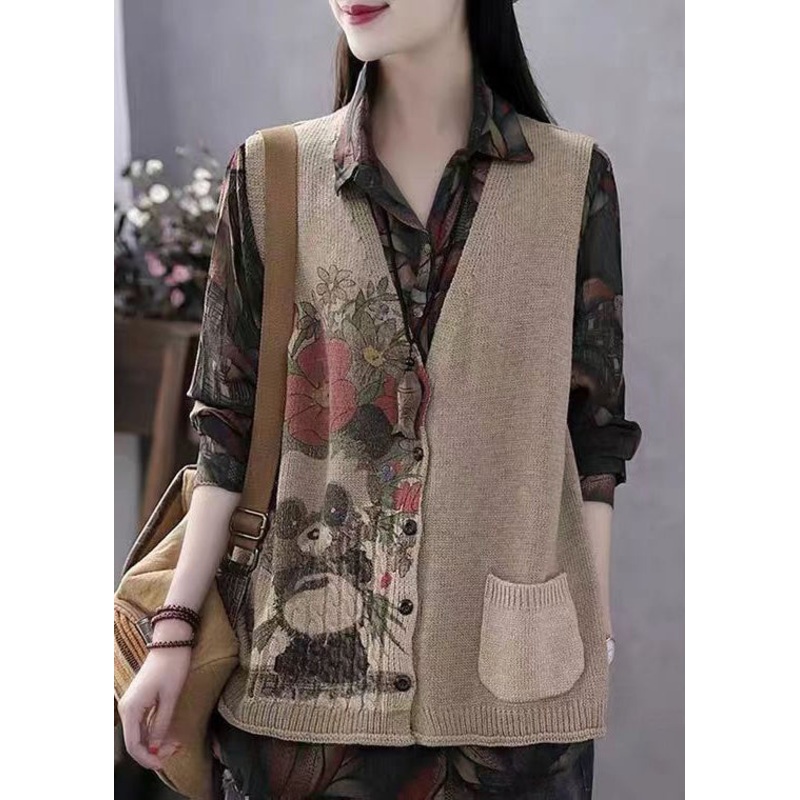 Women Khaki V Neck Print Button Cotton Knit Waistcoat Sleeveless