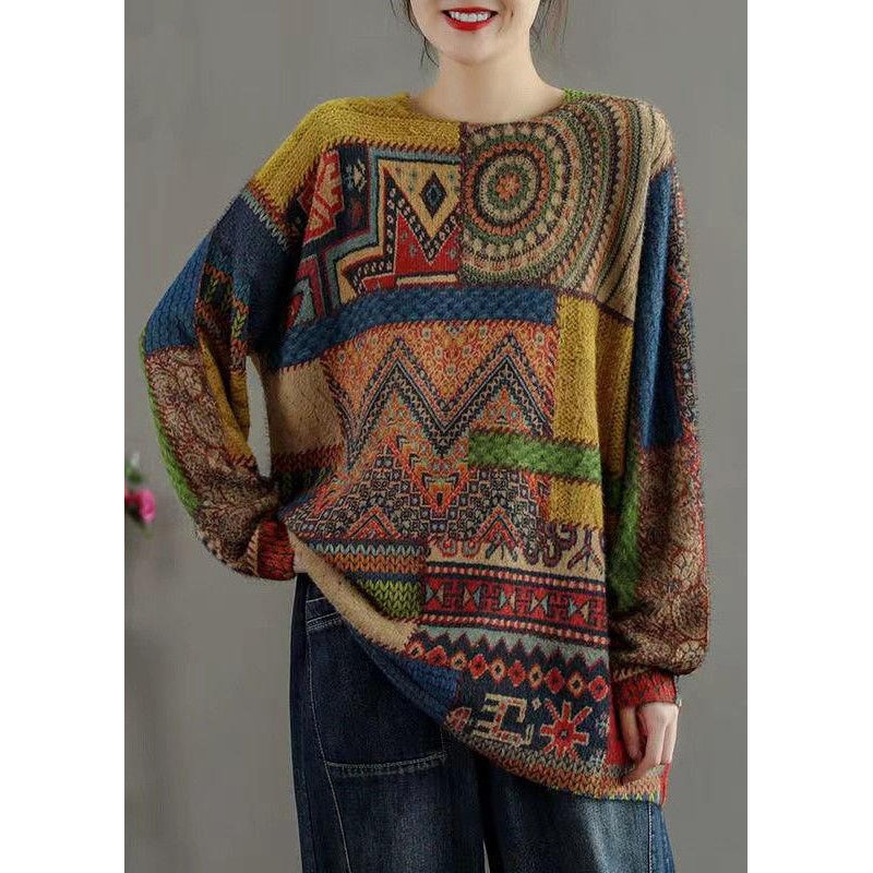 Women Multi Patchwork Cozy Mink Hair Knitted Sweaters Long Sleeve