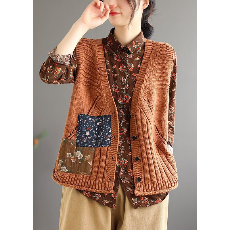 Women Orange Button Patchwork Cozy Cotton Knit Waistcoat Sleeveless