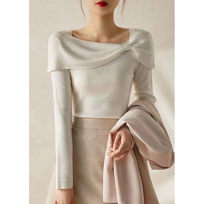 Women White Square Collar Bow Patchwork Cotton Knit Tops Fall