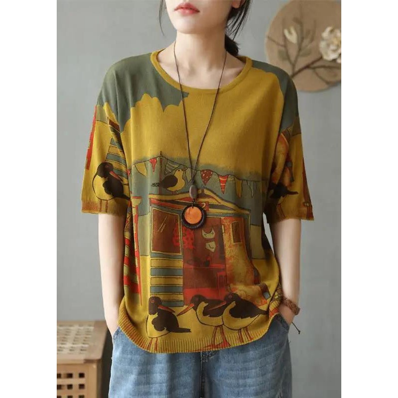 Yellow Cozy Patchwork Cotton Knit Top O Neck Short Sleeve