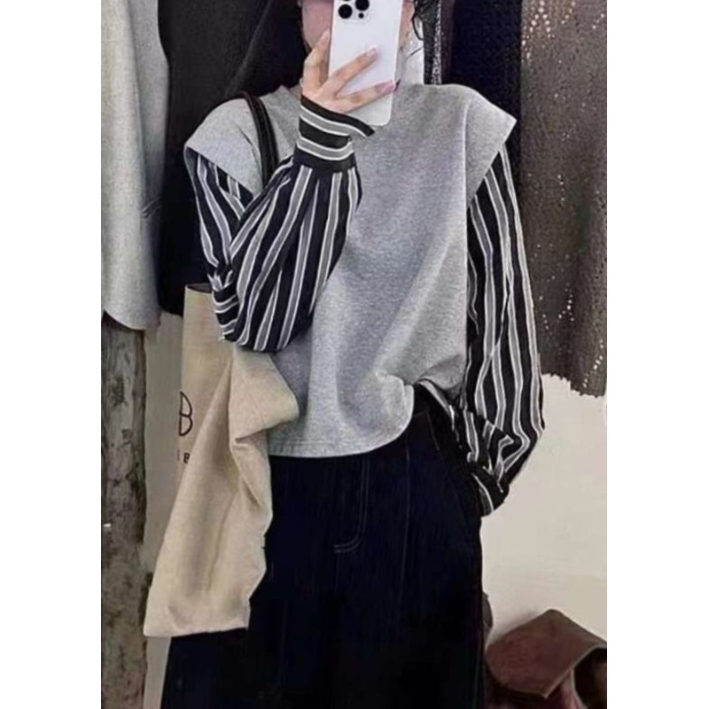 2023 New Grey Fake Two Piece Spliced Stripe Top Autumn