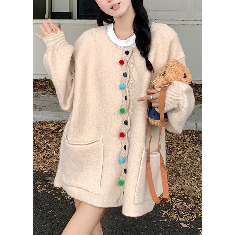Apricot Pockets Patchwork Cotton Knit Sweaters Coat Long Sleeve