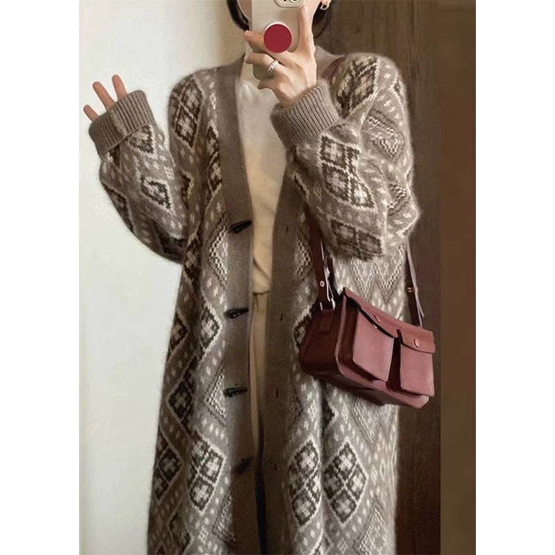 Art Coffee V Neck Print Knitted Cotton Cardigans Long Sleeve