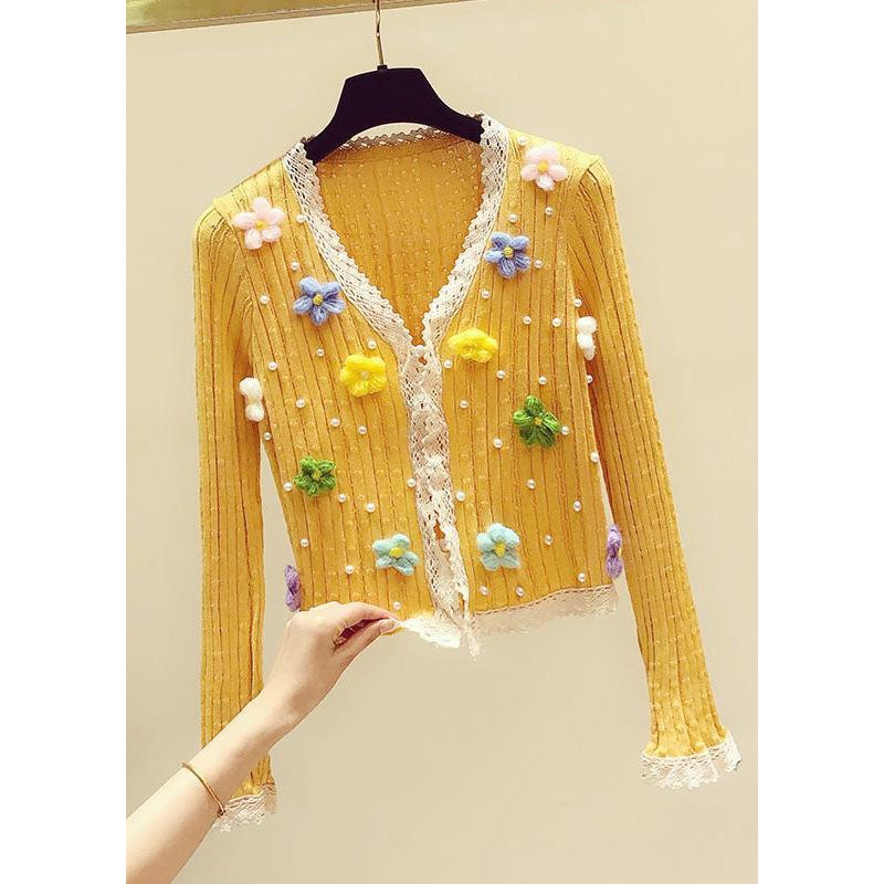 Art Yellow V Neck Floral Lace Patchwork Nail Bead Knit Sweater Fall