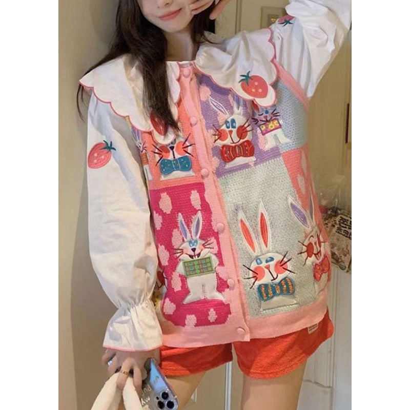 Beautiful Animal Print Button Pink Cotton Knit Waistcoat And White Shirts Two Pieces Set Long Sleeve