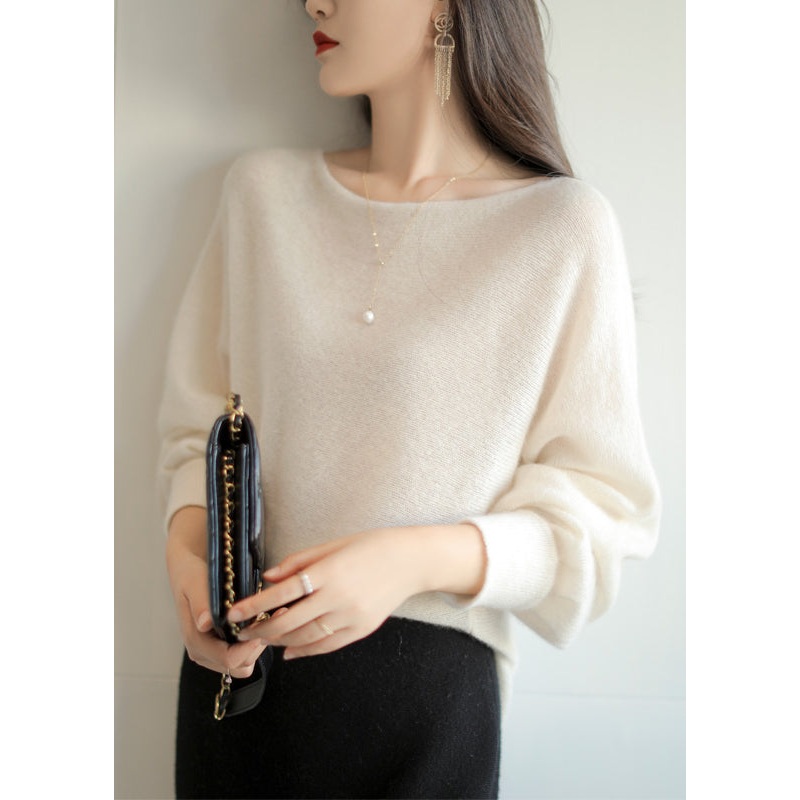 Beautiful Beige Slash Neck Patchwork Woolen Knit Sweaters Fall