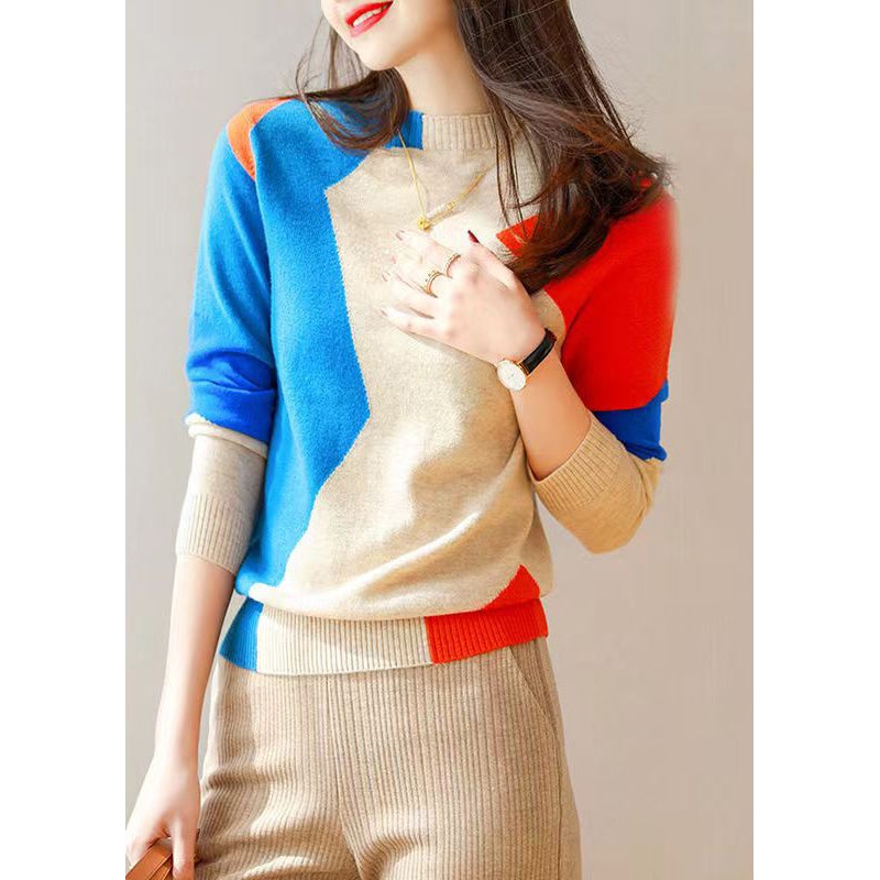 Beautiful Blue Orange Patchwork Woolen Knit Sweaters Top Fall