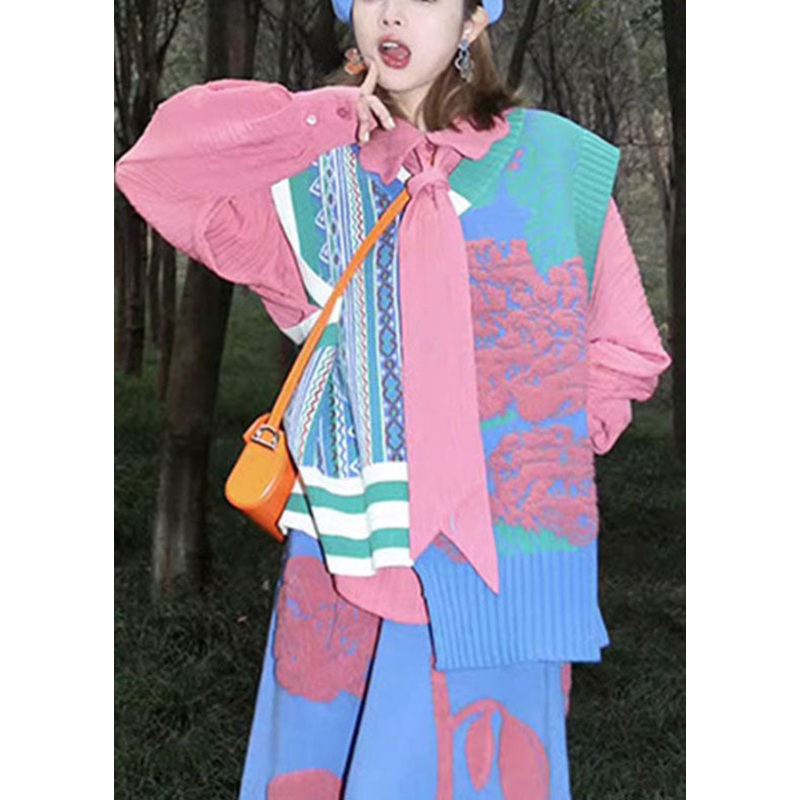 Beautiful Pink Asymmetrical Floral Cotton Knit Waistcoat Sleeveless