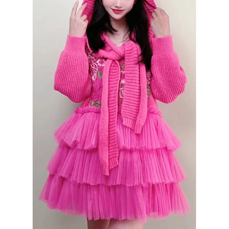 Beautiful Rose Embroideried Knit Tulle Patchwork And Cape Two Piece Set Fall