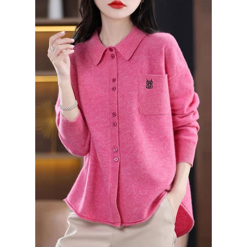 Beautiful Rose Peter Pan Collar Button Patchwork Woolen Knitted Tops Fall